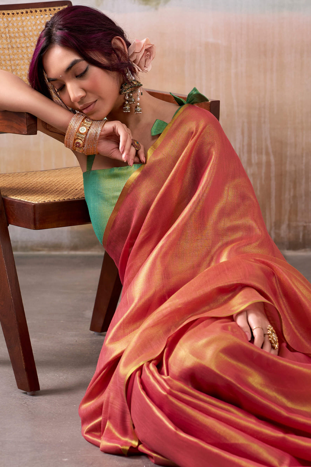 Salmon Pink Tissue Silk Saree