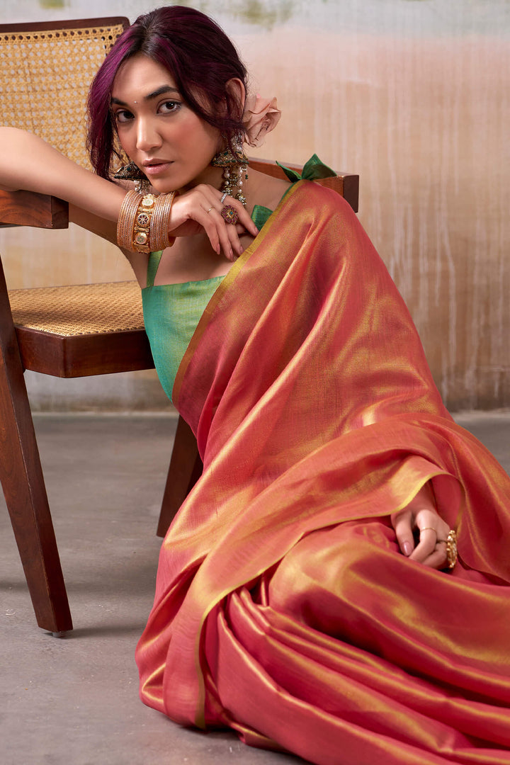 Salmon Pink Tissue Silk Saree