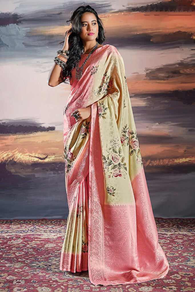 Sand Beige Floral Printed Satin Silk Saree