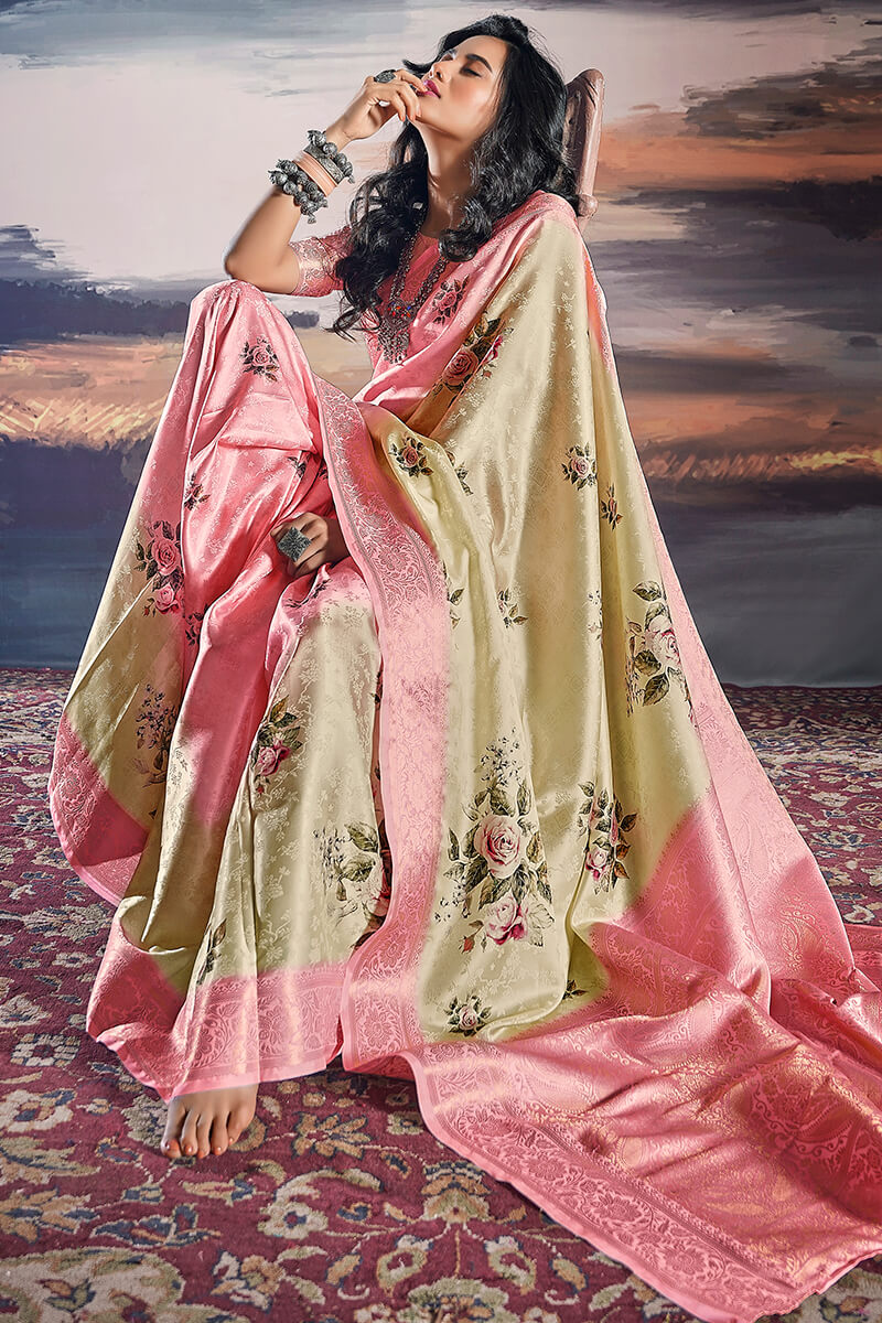 Sand Beige Floral Printed Satin Silk Saree