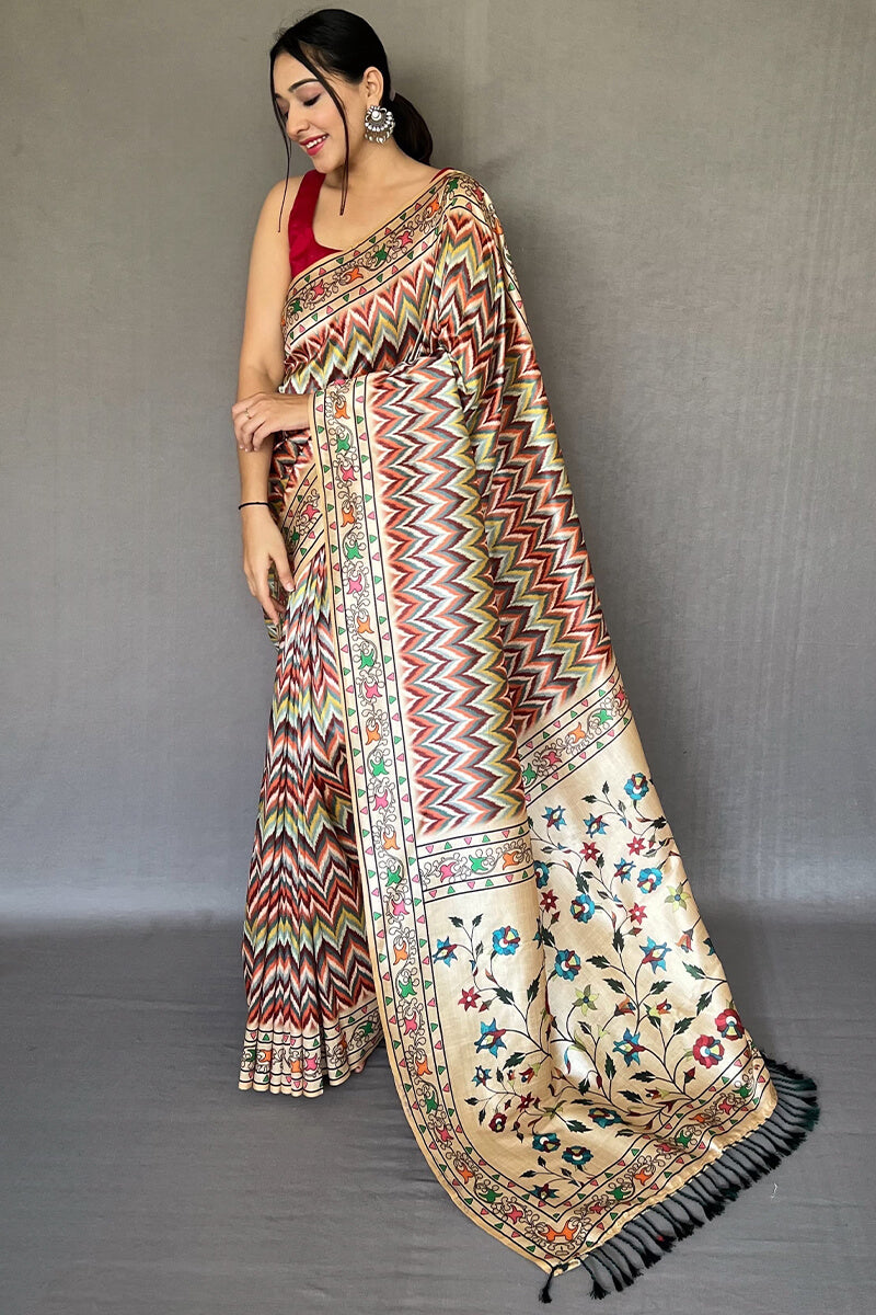 Sand Beige Kalamkari Printed Soft Silk Saree