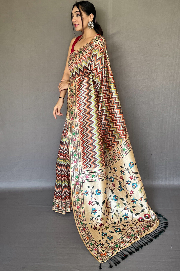 Sand Beige Kalamkari Printed Soft Silk Saree