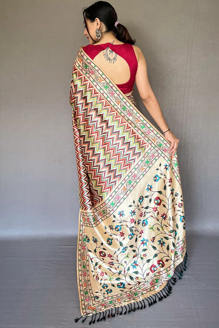 Sand Beige Kalamkari Printed Soft Silk Saree