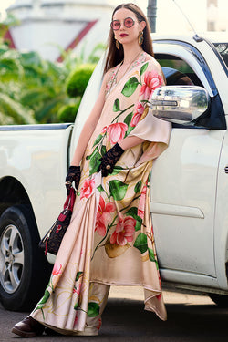 Sand Beige Printed Satin Crepe Silk Saree