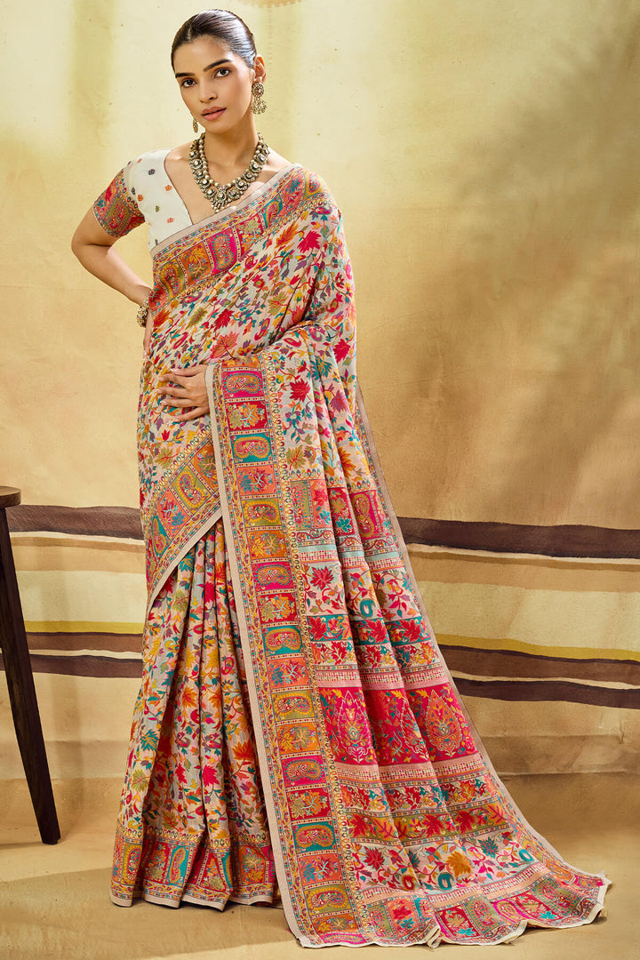 Sandstone Beige Kashmiri Modal Pashmina Silk Saree