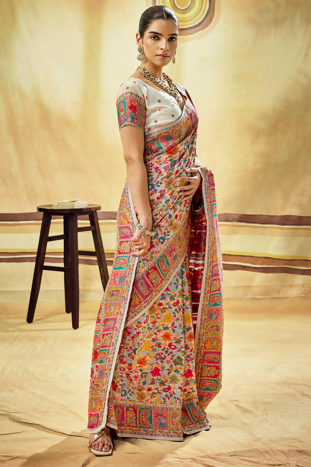 Sandstone Beige Kashmiri Modal Pashmina Silk Saree