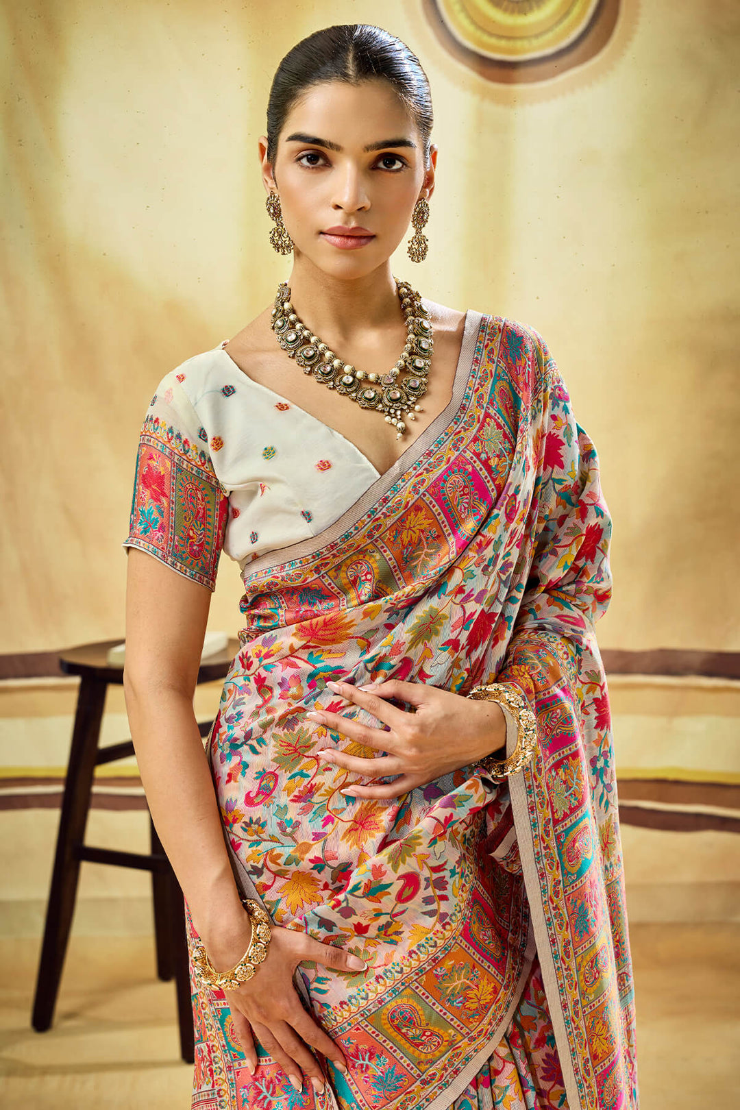 Sandstone Beige Kashmiri Modal Pashmina Silk Saree
