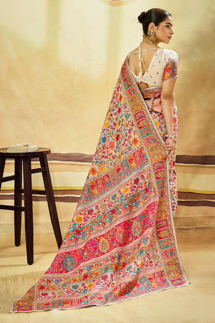 Sandstone Beige Kashmiri Modal Pashmina Silk Saree