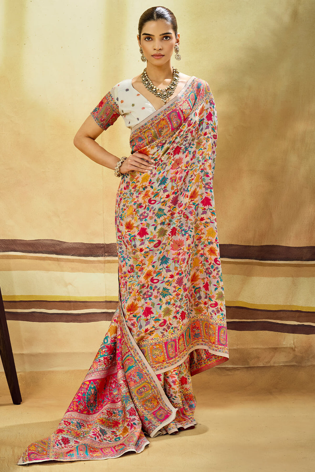 Sandstone Beige Kashmiri Modal Pashmina Silk Saree