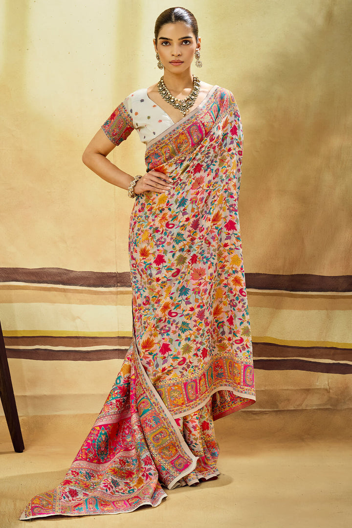 Sandstone Beige Kashmiri Modal Pashmina Silk Saree