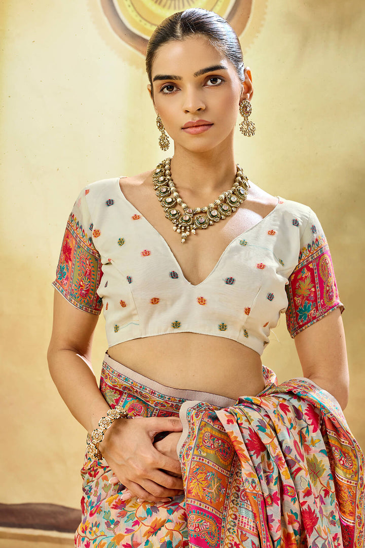 Sandstone Beige Kashmiri Modal Pashmina Silk Saree