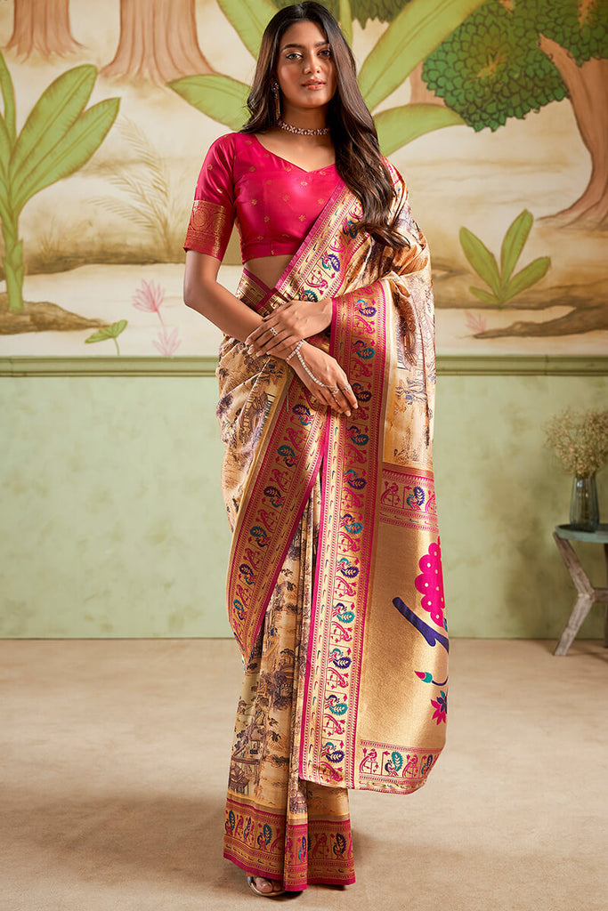 Sandy Brown Zari Woven Paithani Silk Saree