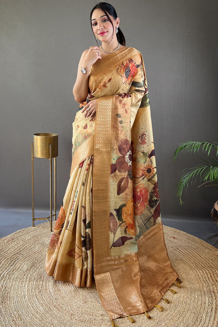 Sandy Brown Zari Woven Printed Tussar Silk Saree