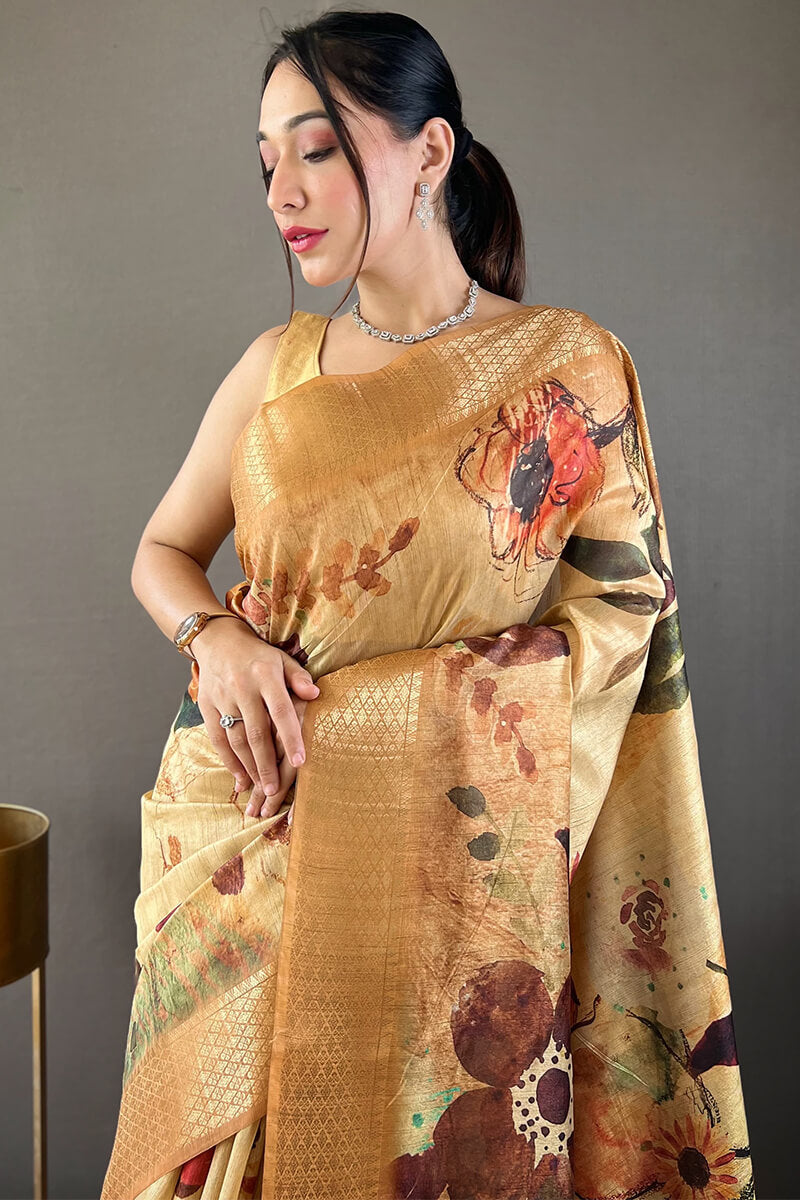 Sandy Brown Zari Woven Printed Tussar Silk Saree