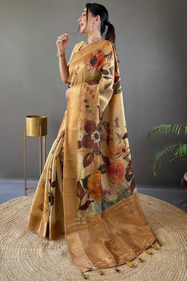 Sandy Brown Zari Woven Printed Tussar Silk Saree