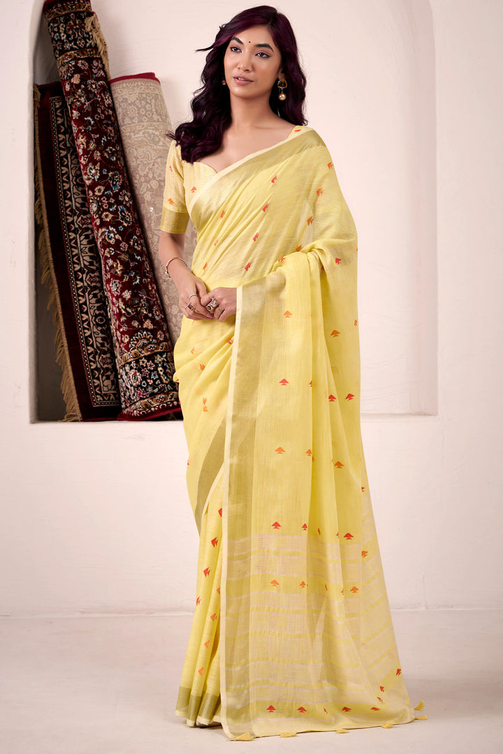 Sandy Yellow Linen Cotton Silk Saree