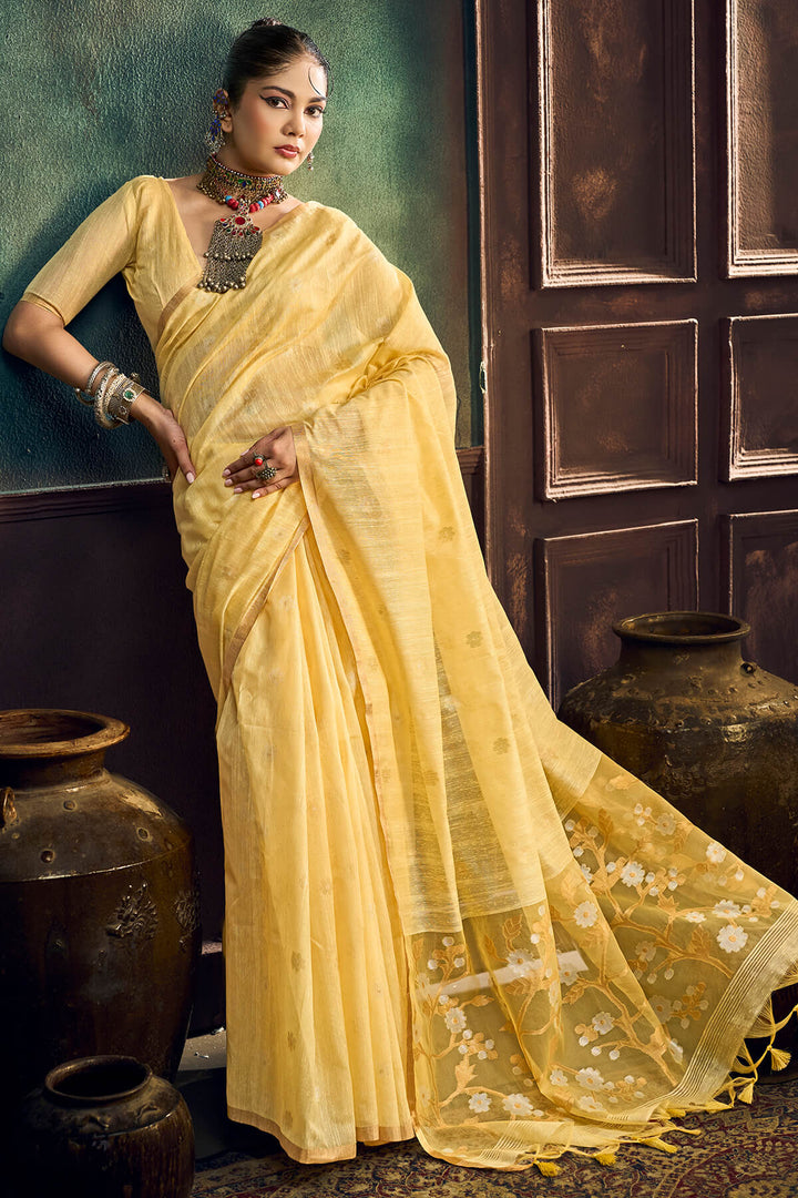 Sandy Yellow Zari Woven Munga Cotton Saree