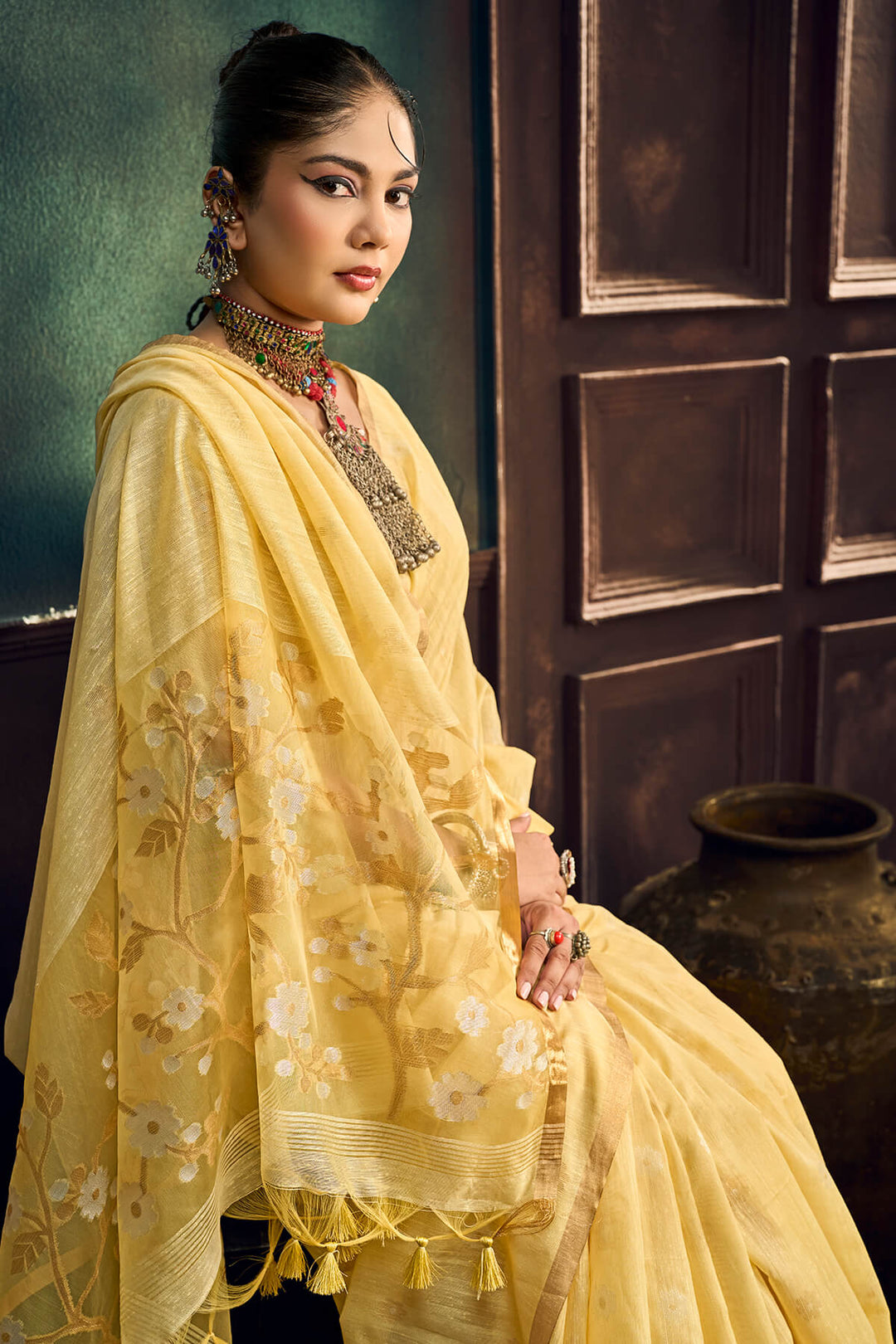 Sandy Yellow Zari Woven Munga Cotton Saree