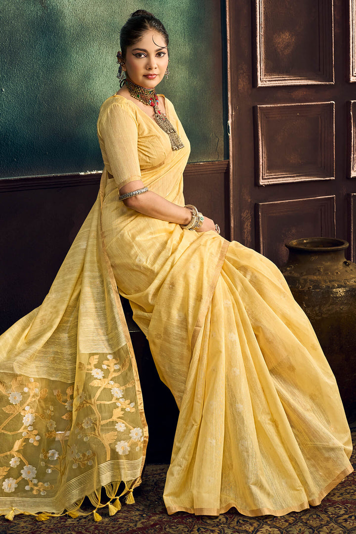 Sandy Yellow Zari Woven Munga Cotton Saree