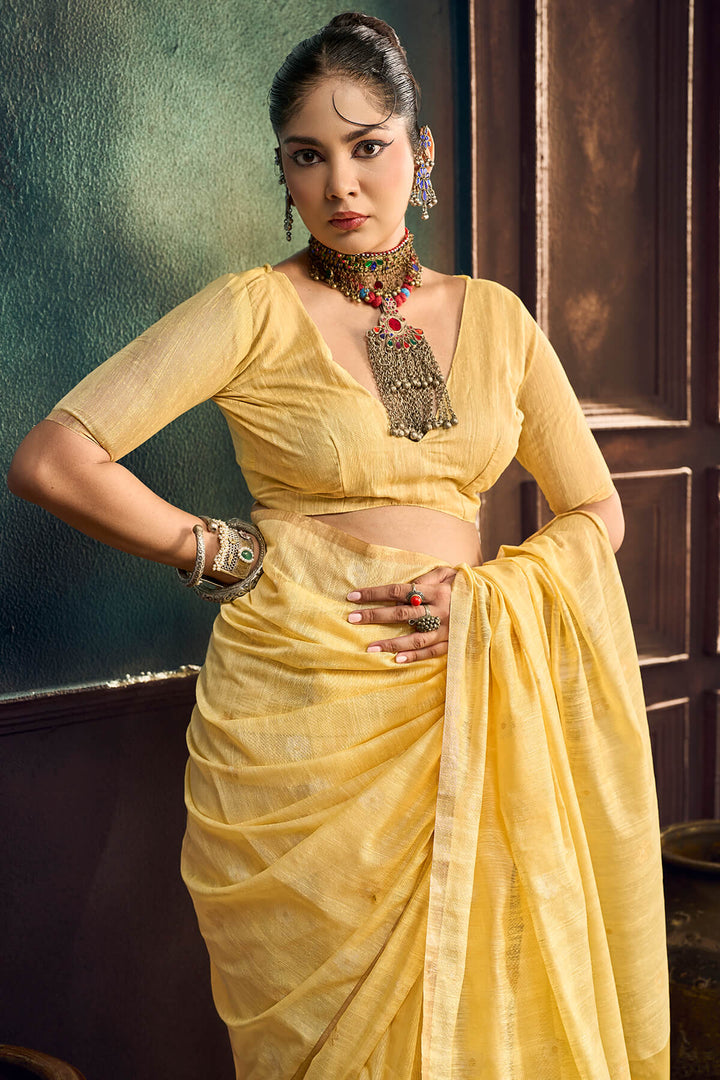 Sandy Yellow Zari Woven Munga Cotton Saree