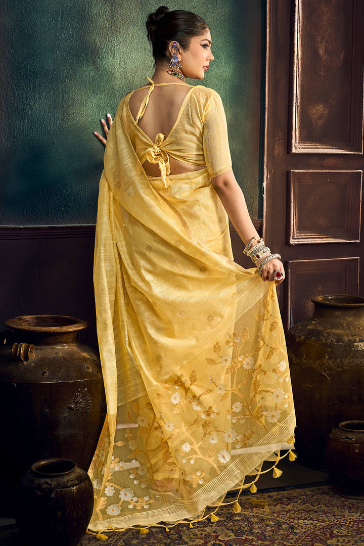 Sandy Yellow Zari Woven Munga Cotton Saree