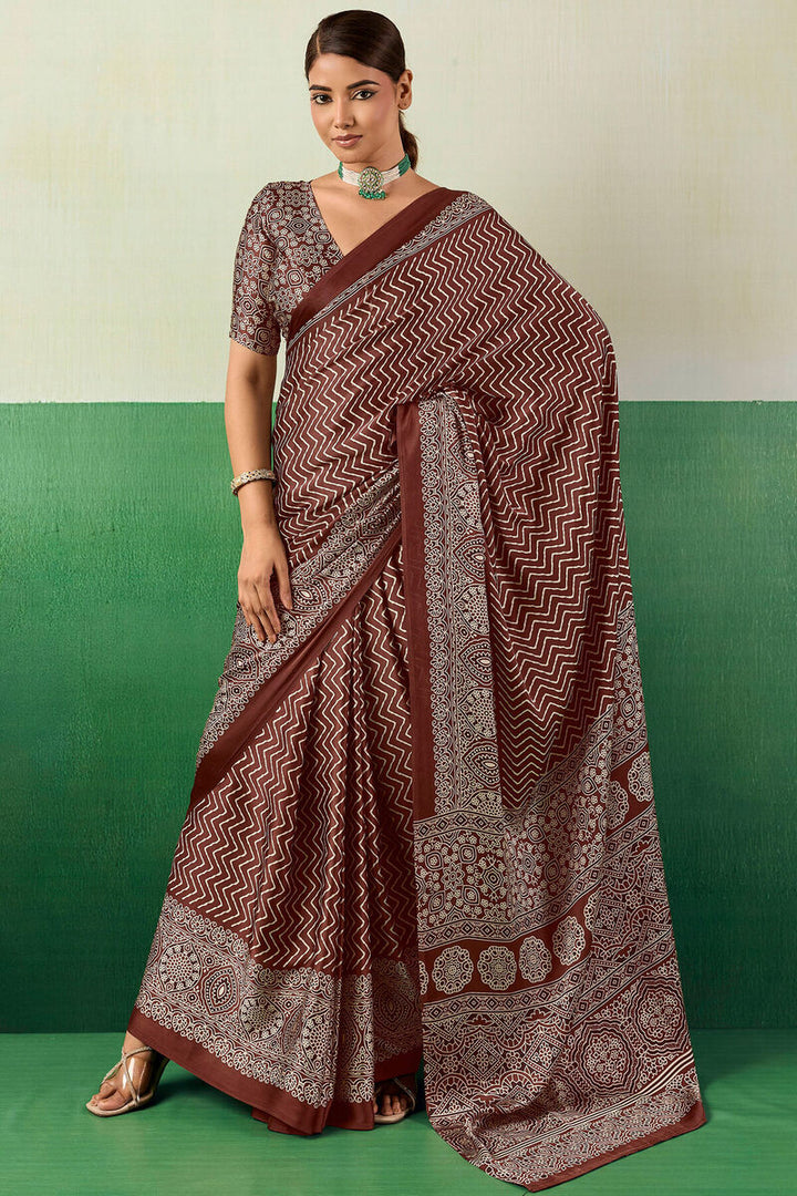 Sanguine Brown Ajrakh Printed Satin Silk Saree