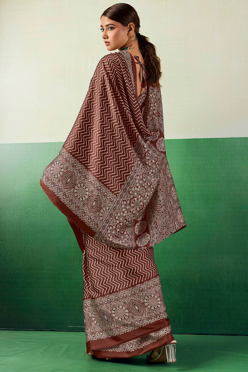 Sanguine Brown Ajrakh Printed Satin Silk Saree