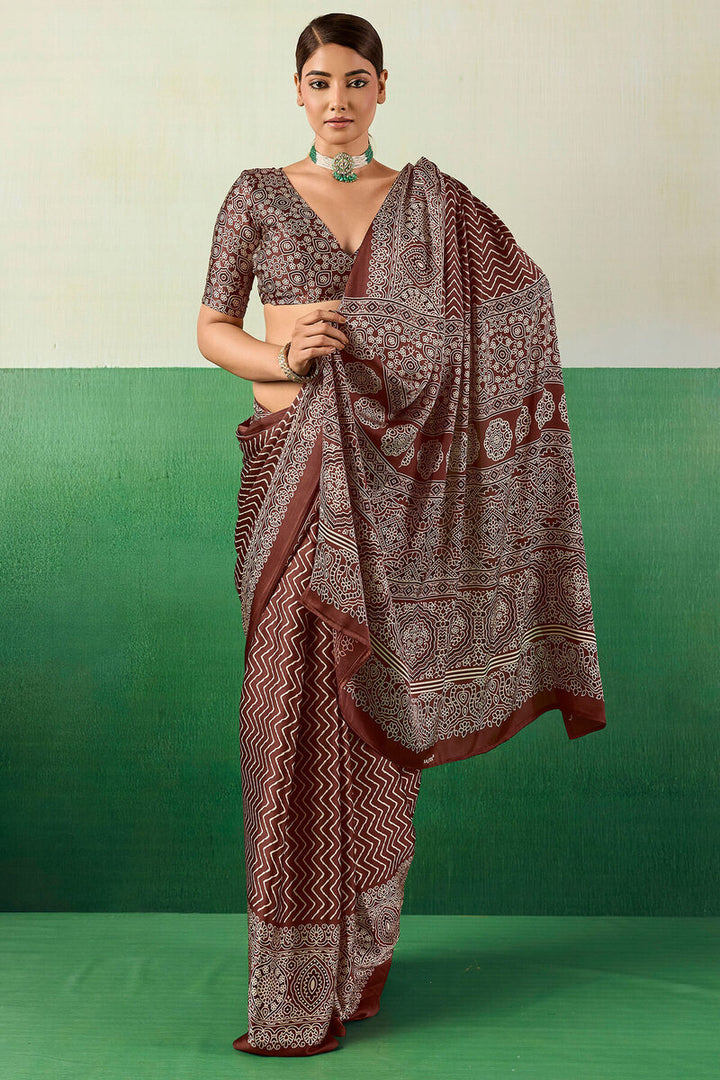Sanguine Brown Ajrakh Printed Satin Silk Saree