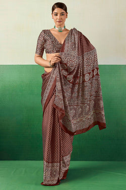 Sanguine Brown Ajrakh Printed Satin Silk Saree