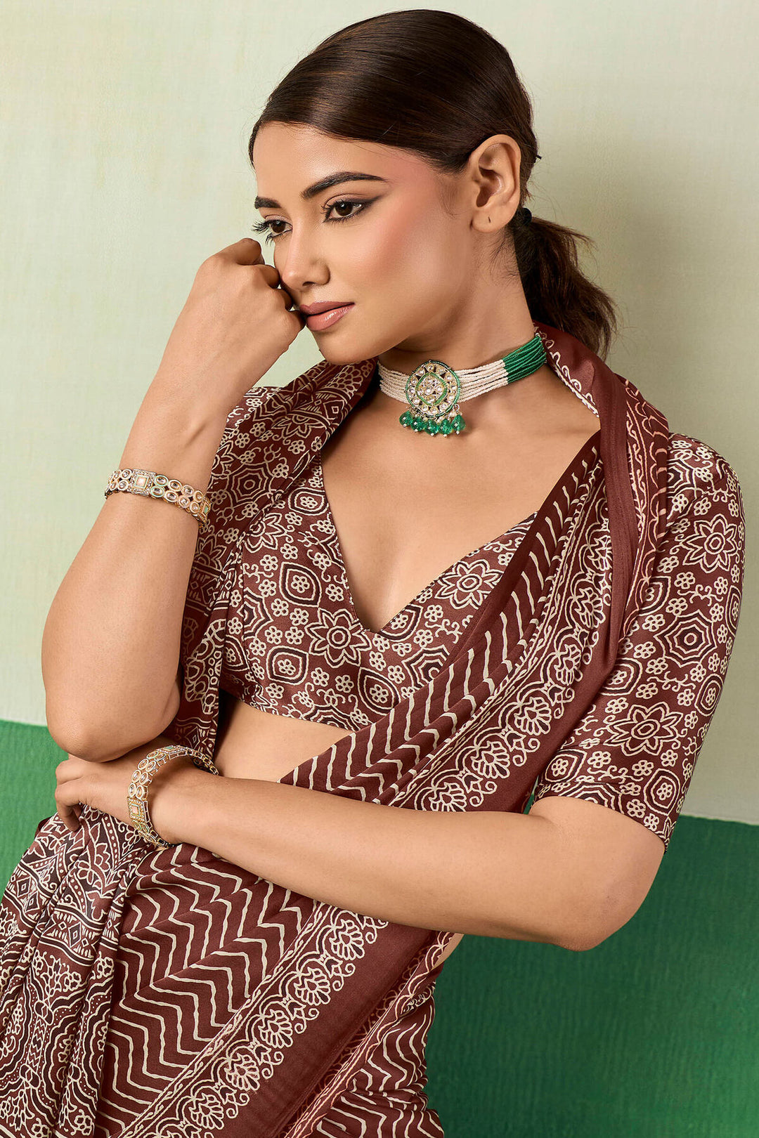 Sanguine Brown Ajrakh Printed Satin Silk Saree