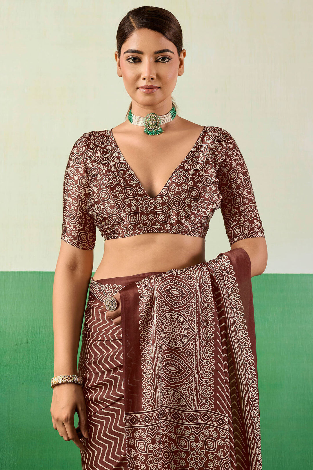 Sanguine Brown Ajrakh Printed Satin Silk Saree