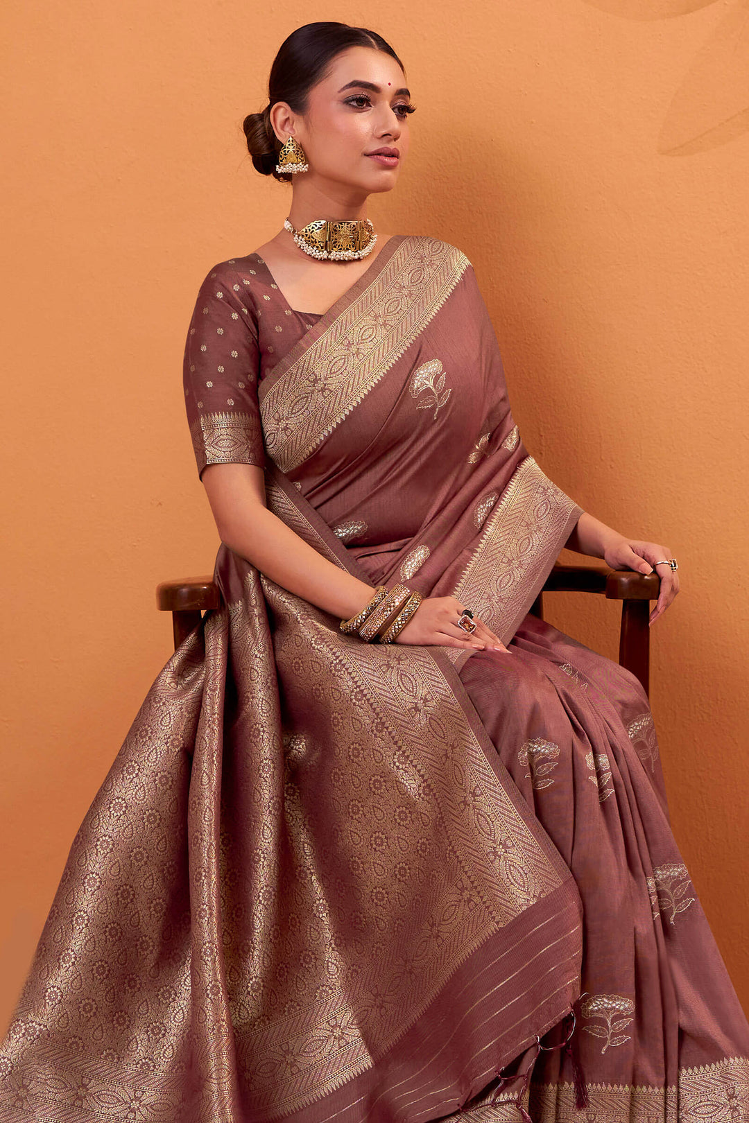 Sanguine Brown Banarasi Tussar Silk Saree