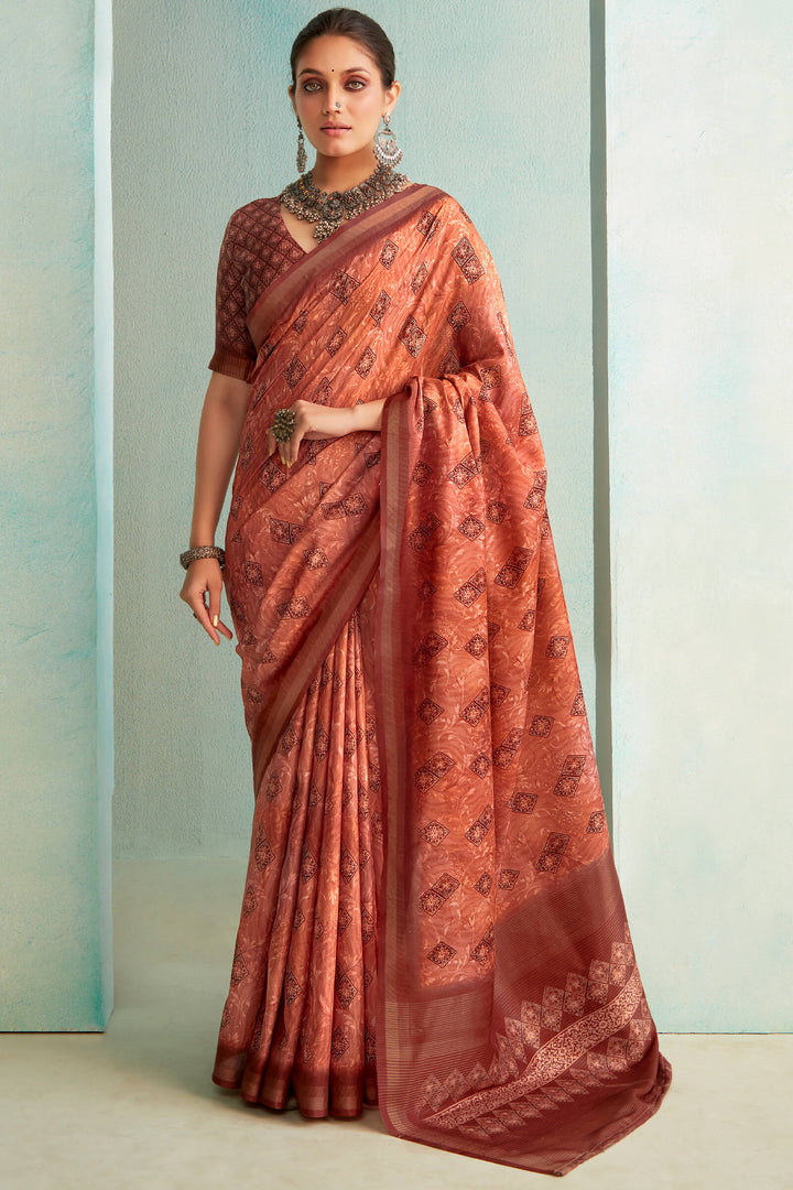 Sanguine Brown Handloom Woven Digital Printed Soft Silk Saree