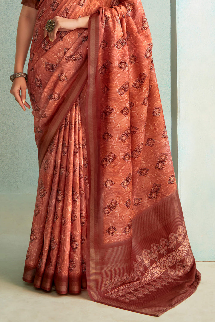 Sanguine Brown Handloom Woven Digital Printed Soft Silk Saree