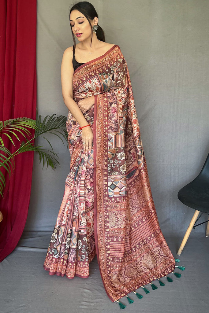 Sanguine Brown Printed Cotton Silk Saree