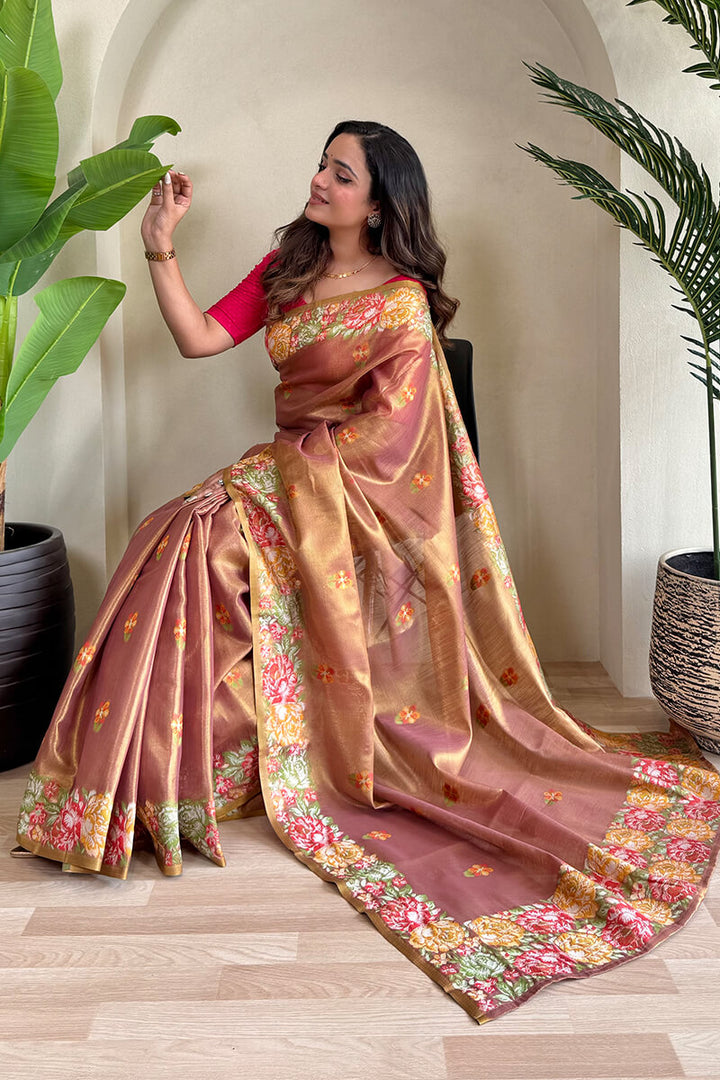 Sanguine Brown Tissue Silk Saree