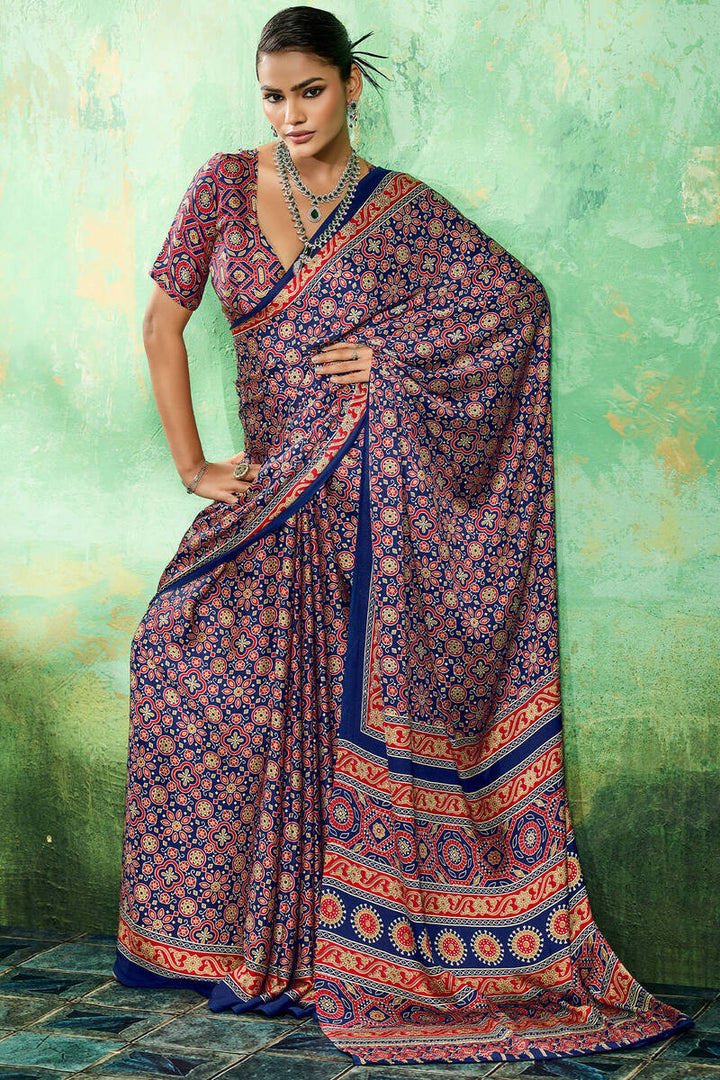 Sapphire Blue Ajrakh Printed Satin Silk Saree