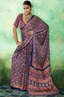 Sapphire Blue Ajrakh Printed Satin Silk Saree