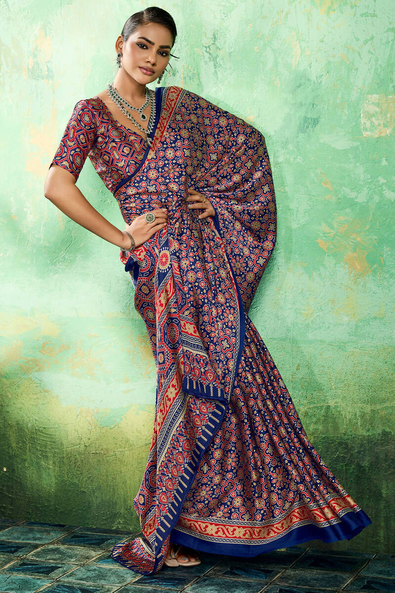 Sapphire Blue Ajrakh Printed Satin Silk Saree