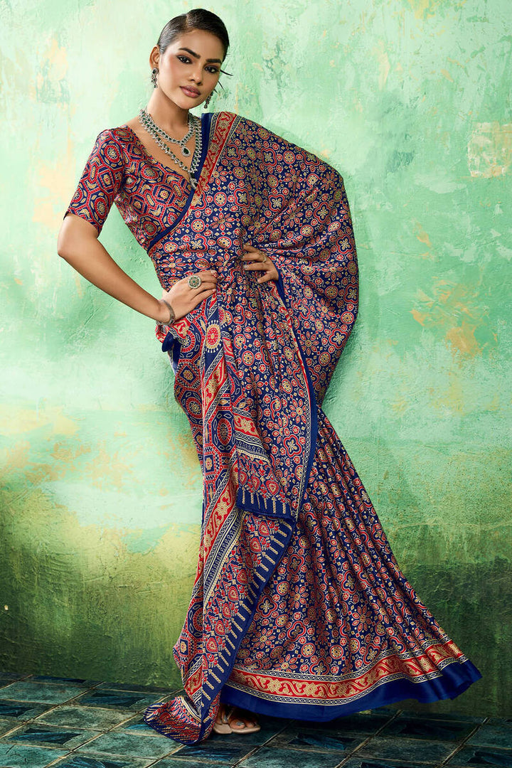 Sapphire Blue Ajrakh Printed Satin Silk Saree