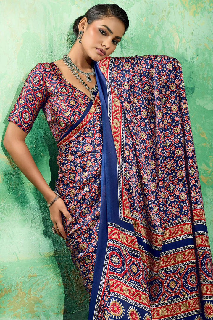 Sapphire Blue Ajrakh Printed Satin Silk Saree