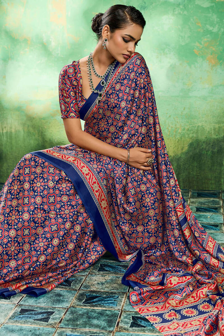 Sapphire Blue Ajrakh Printed Satin Silk Saree