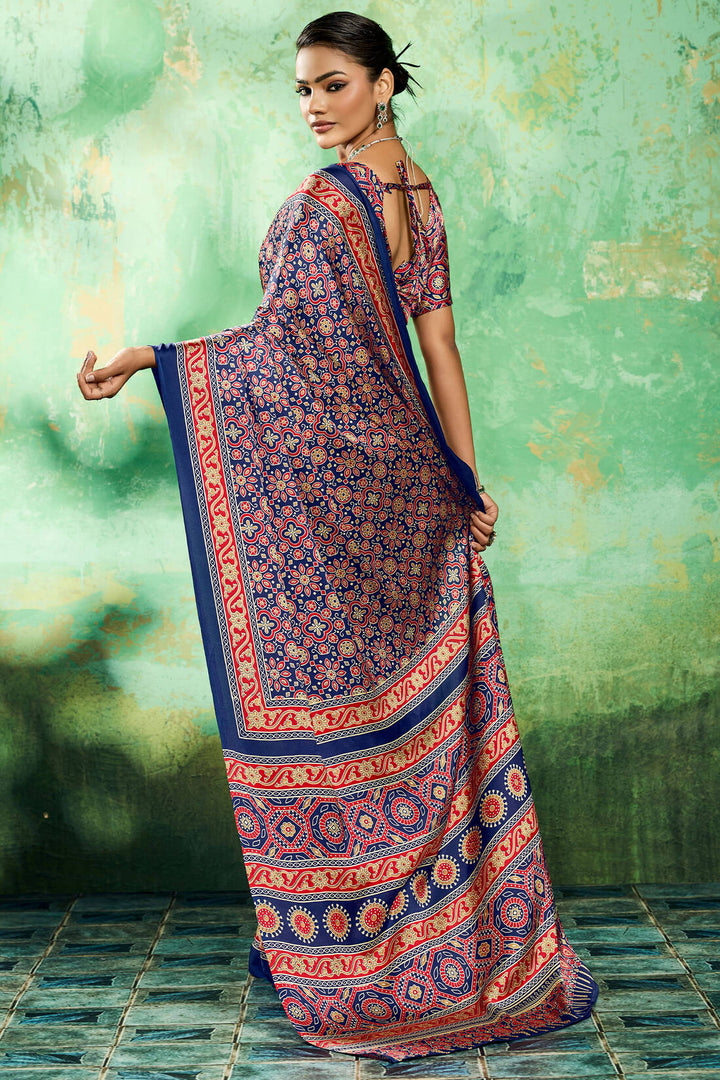Sapphire Blue Ajrakh Printed Satin Silk Saree