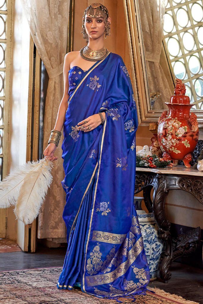 Sapphire Blue Zari Woven Banarasi Satin Silk Saree