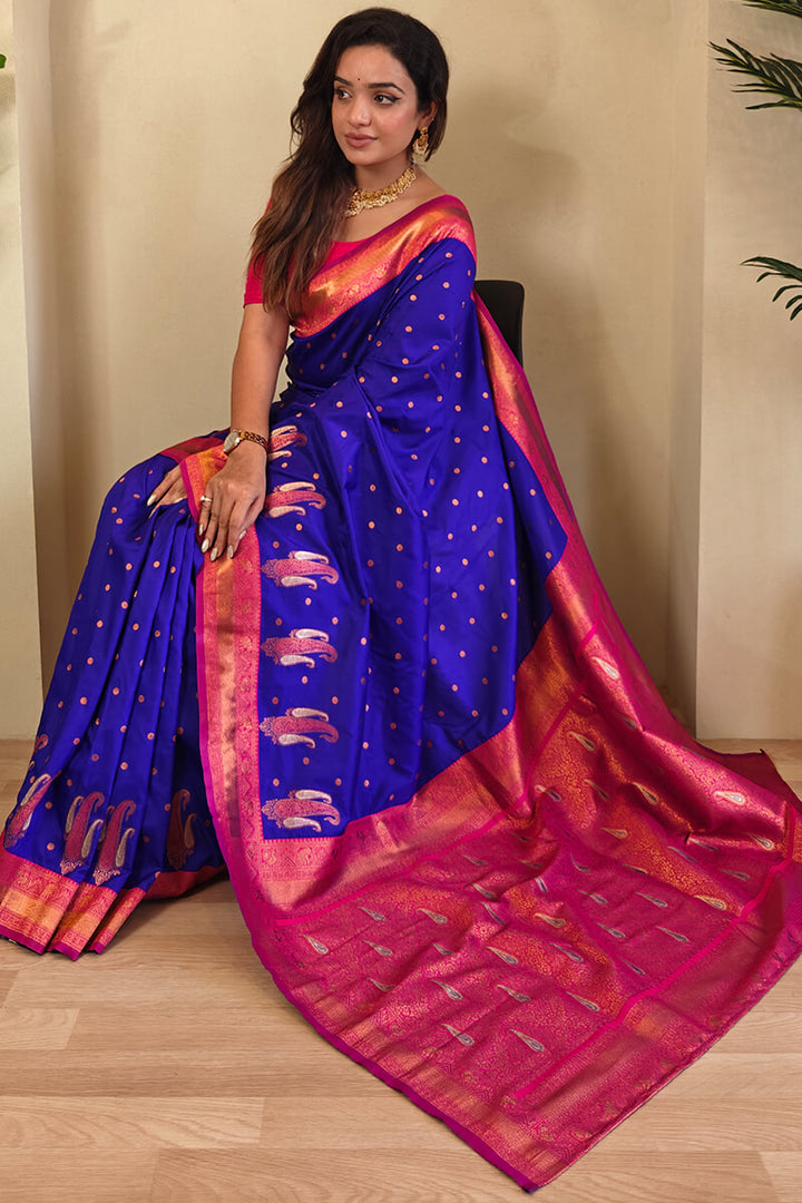 Sapphire Blue Zari Woven Banarasi Soft Silk Saree