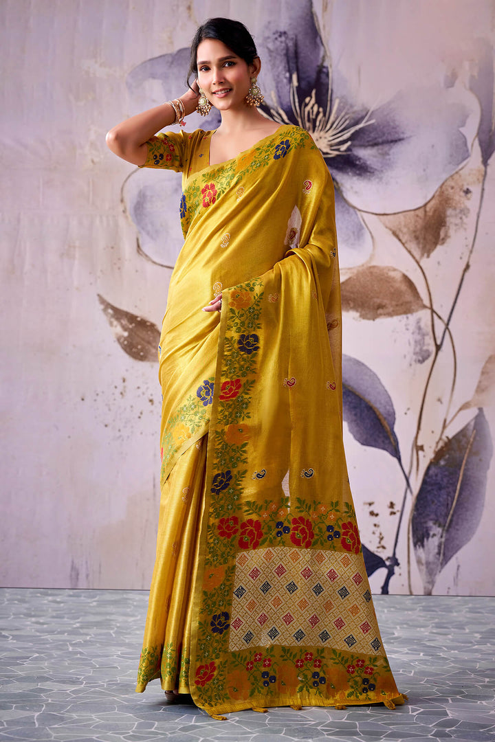 Satin Sheen Gold Zari Woven Banarasi Tissue Silk Saree