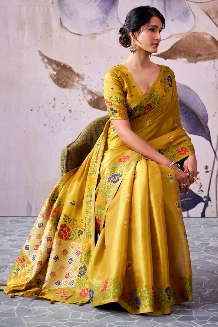 Satin Sheen Gold Zari Woven Banarasi Tissue Silk Saree