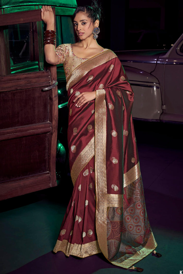Scarlet Maroon Banarasi Pure Silk Saree with Designer Embroidery Blouse Piece