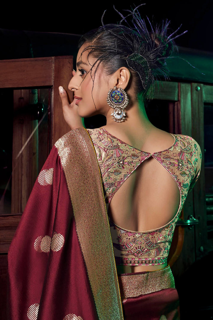 Scarlet Maroon Banarasi Pure Silk Saree with Designer Embroidery Blouse Piece