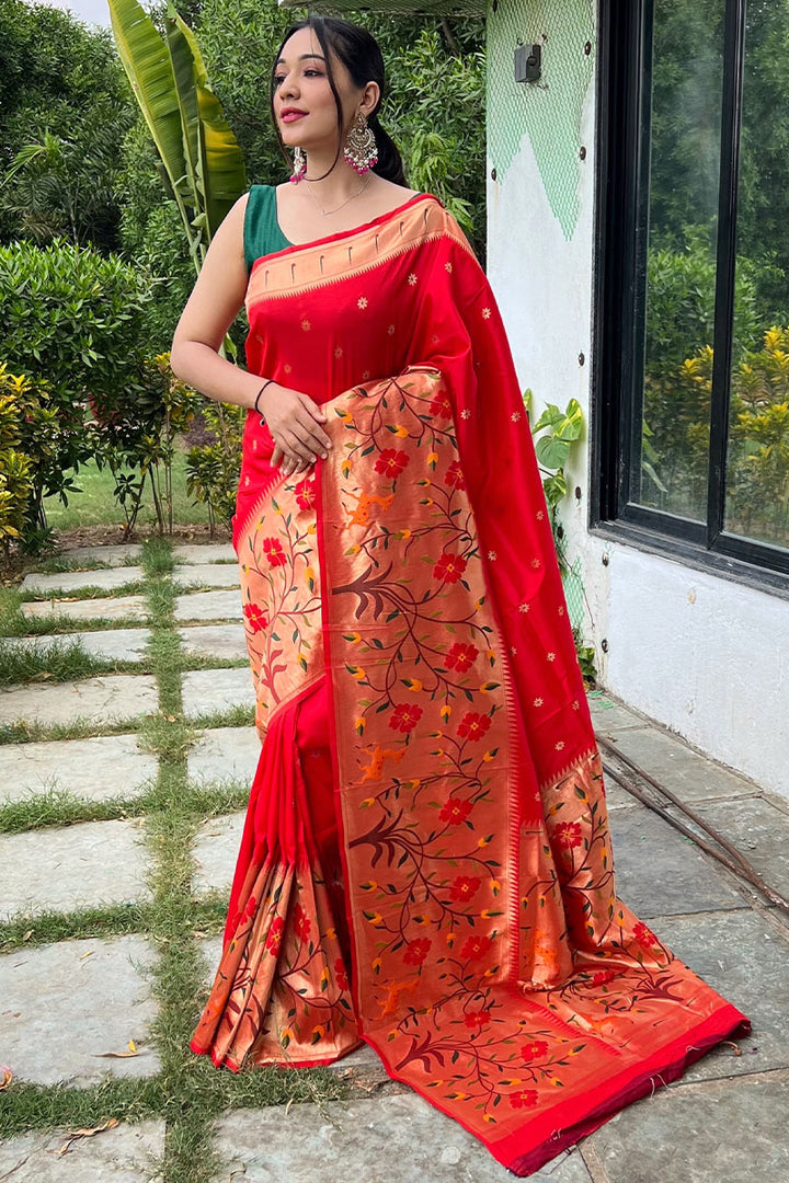 Scarlet Red Zari Woven Paithani Silk Saree